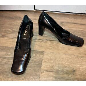 Vintage Prada Black Leather Square-Toe Block Heel Pumps Women Size 9